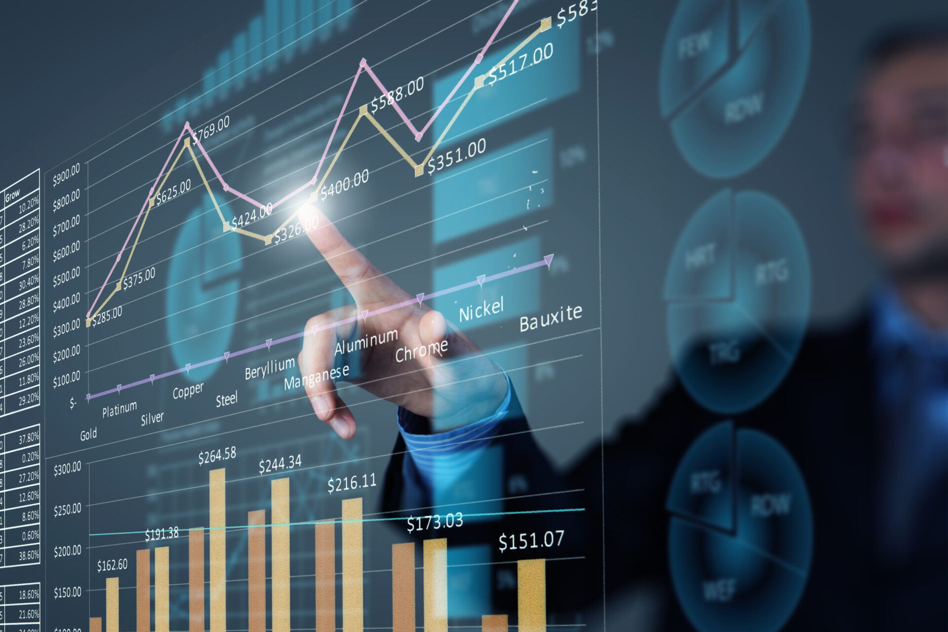 business owner comparing numbers on a graph. It shows fluctuations between data.