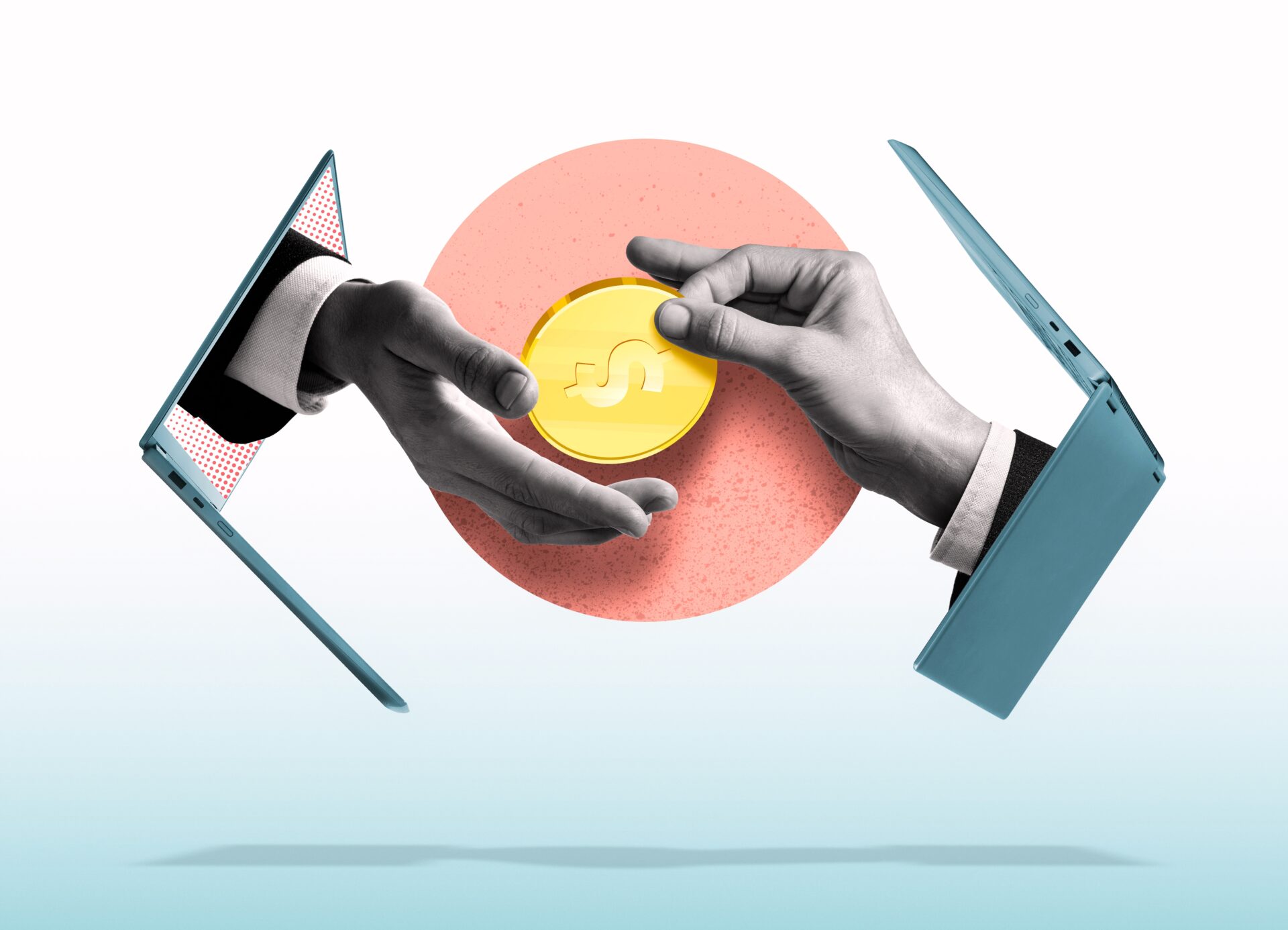 hands reaching through computer exchanging coin to represent ecommerce funding